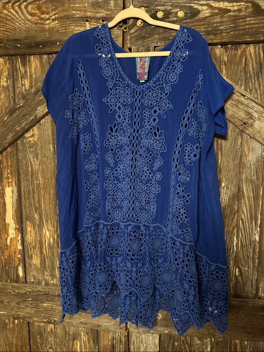 Johnny Was Cobalt Blue Embroidered Cutwork Mini Shift